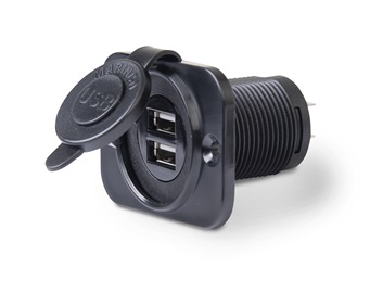 Dual USB Charger and 12V Receptacle Black, No LED, OEM
